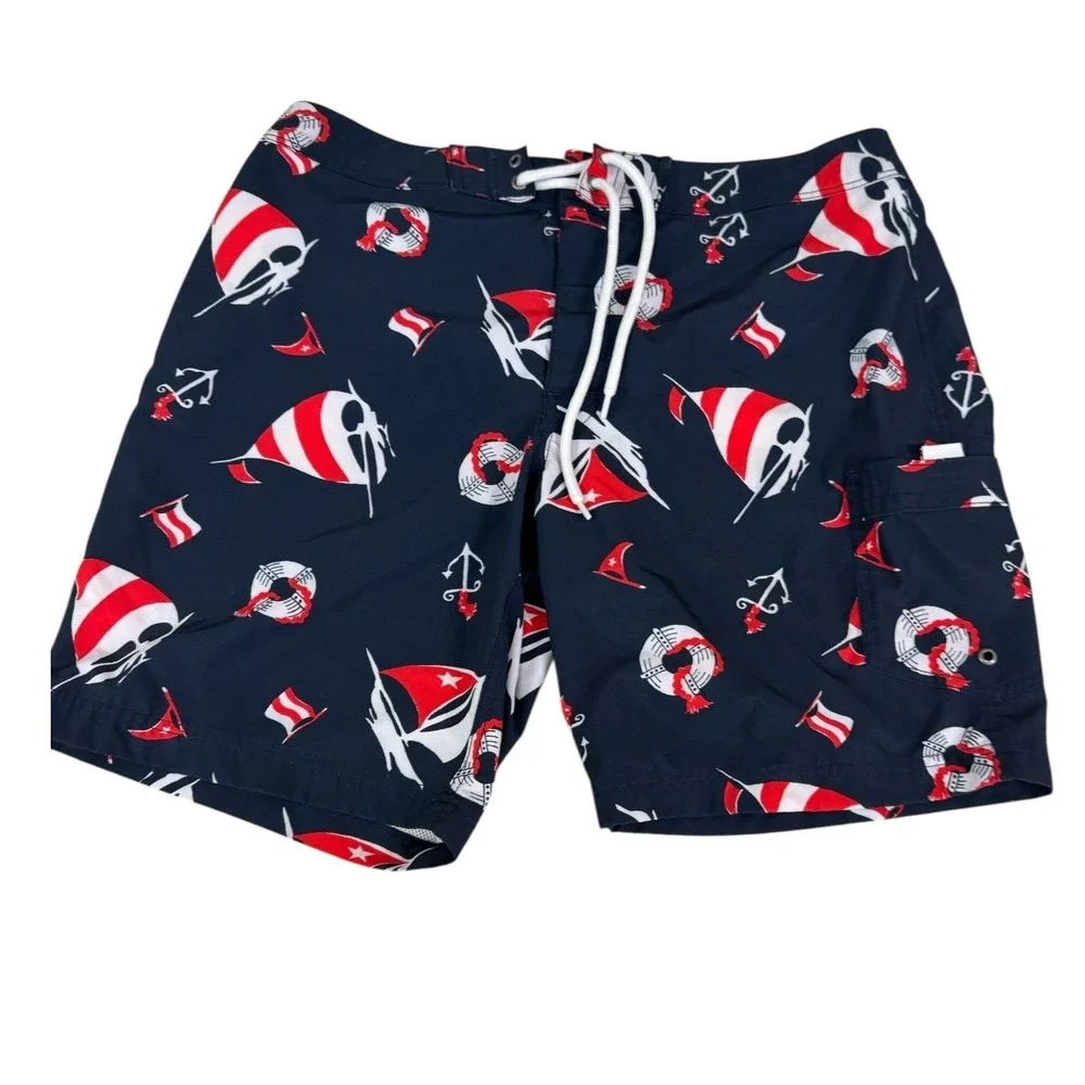 J. Crew Flex‎ Swimwear Mens 34 Navy Blue Nautical Sailboat Anchor Board Shorts